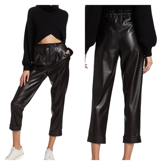ALICE + OLIVIA Liliana Vegan-Leather Cuffed Paperbag Pants - Picture 1 of 14